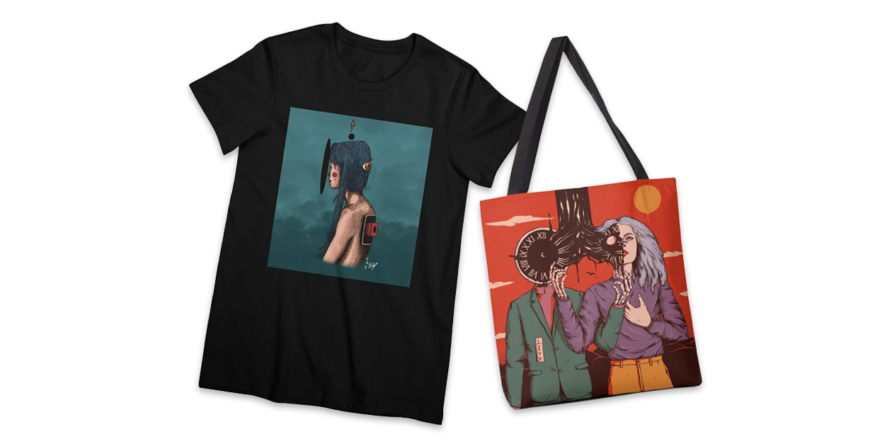 “Staring at the Void” Women’s Premium T-Shirt by yoleart and “Shared Time” Tote Bag by normanduenas