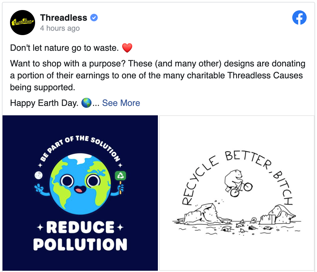 Threadless Facebook post about Environment Cause