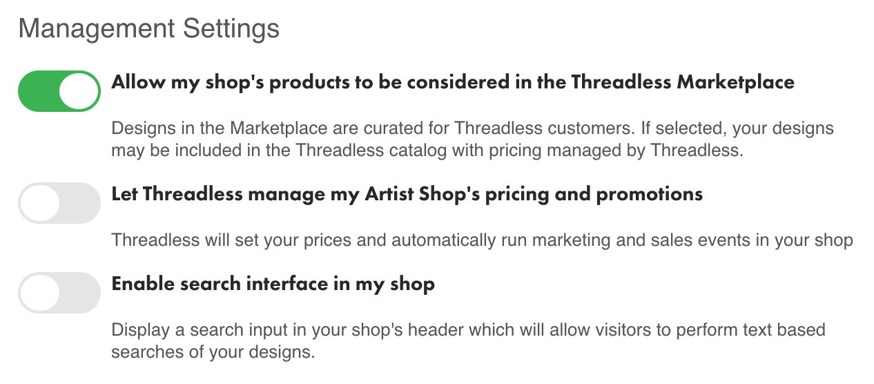 Artist Shop Settings