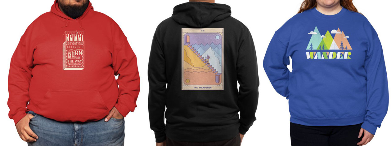 “May the Bridges I Burn...” Classic Fleece Pullover Hoody by KAndersonDesign, “The Wanderer” Classic Fleece Zip-Up Hoody by ThePaperCrane, and “Wander” Classic Fleece Sweatshirt by expomonster