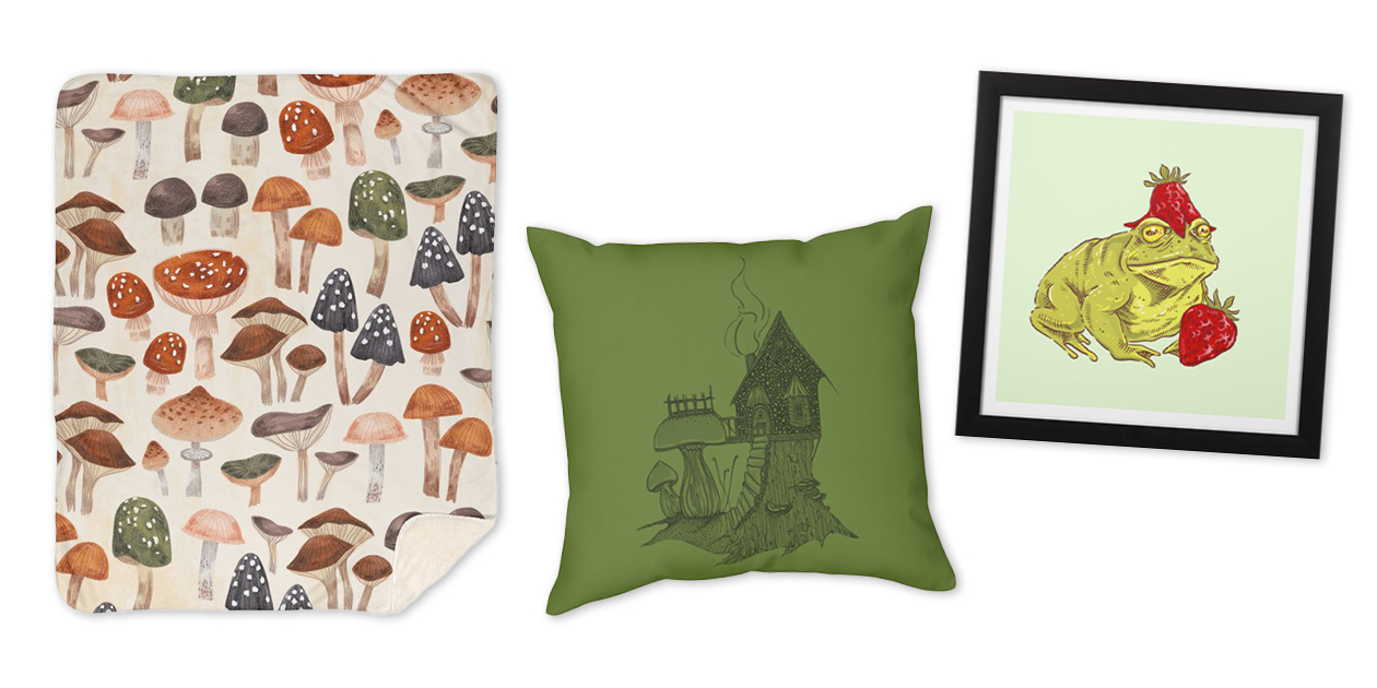 “Mushrooms Vol.1” Sherpa Blanket by IzPtica, “Toadstool Cottage” Throw Pillow by ThistleAndSage, and “Frogberry” Framed Fine Art Print by karenmooney