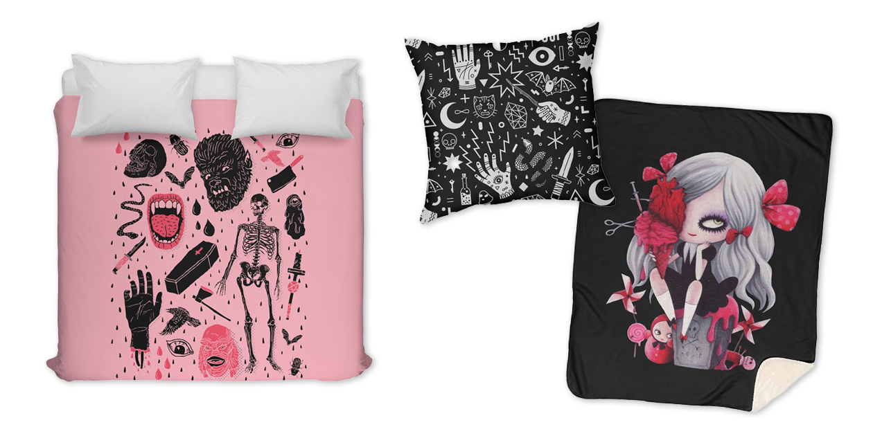 “Whole Lotta Horror” Duvet Cover by Josh Ln, “Witchcraft” Throw Pillow by lordofmasks, and “Midnight Sweet Time” Sherpa Blanket by MiznaWada