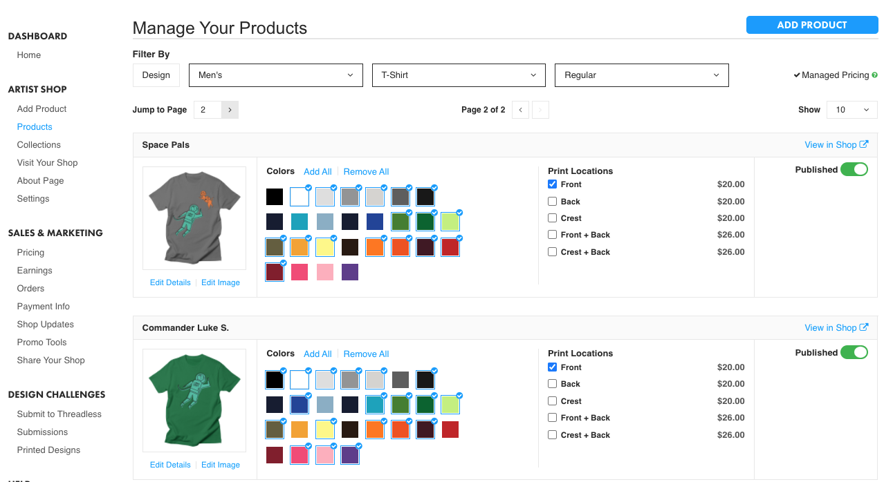 Double-Sided T-Shirts in the Artist Dashboard