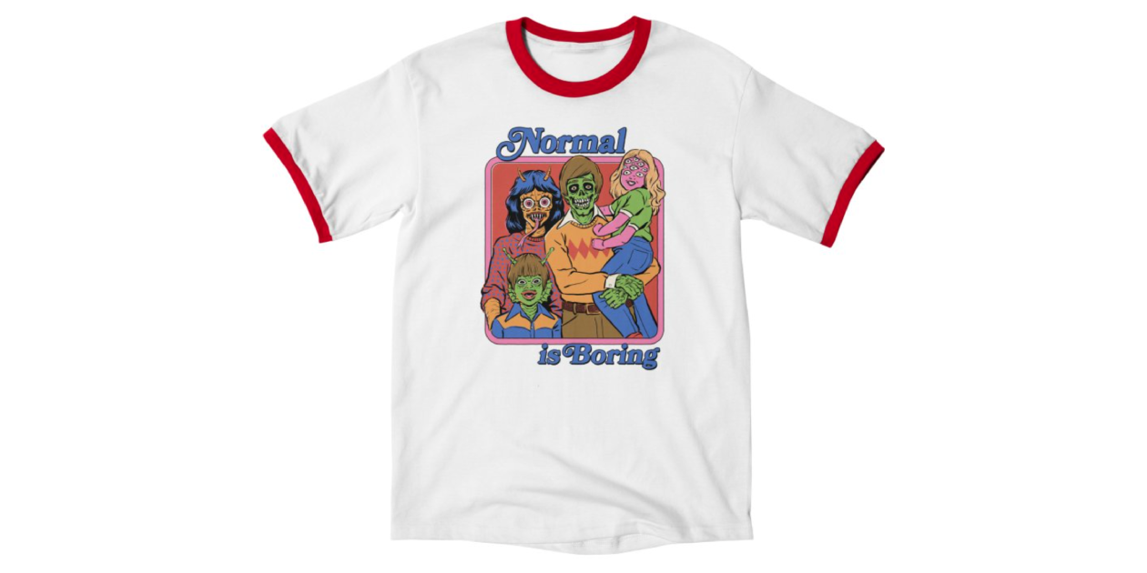 Steven Rhode's "Normal is Boring" on a Unisex Ringer T-Shirt