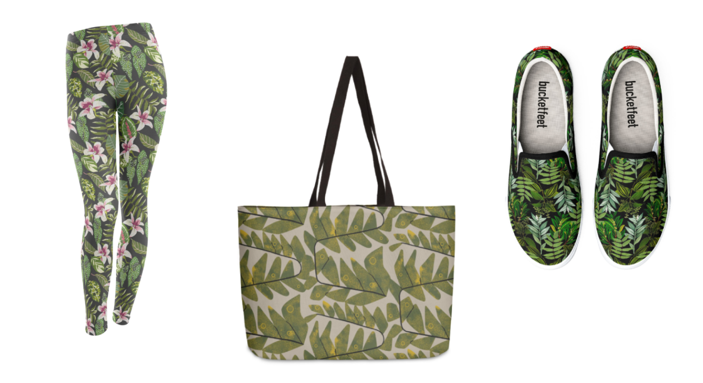 Featured Designs: "Flowering Dark Jungle 12D" by mmartabc | "Snakey Fern" by rlthull | "Tropical Leaves" by Studio Vickn
