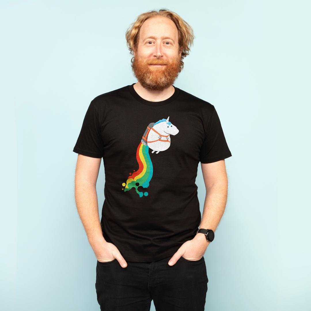 “Fat Unicorn on Rainbow Jetpack” Men’s Regular T-Shirt by radiomode